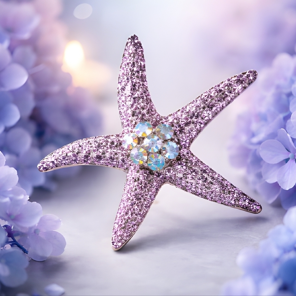 Mint Starfish Brooch with Pink and Opalescent Accents